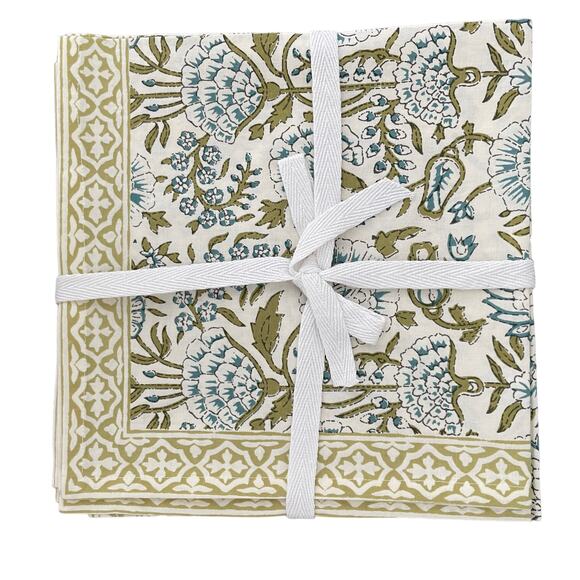 TIRAMISU Spring Floral 100% Cotton 20X20 Cloth Napkins Set of 4 Green Blue NEW - Picture 3 of 3